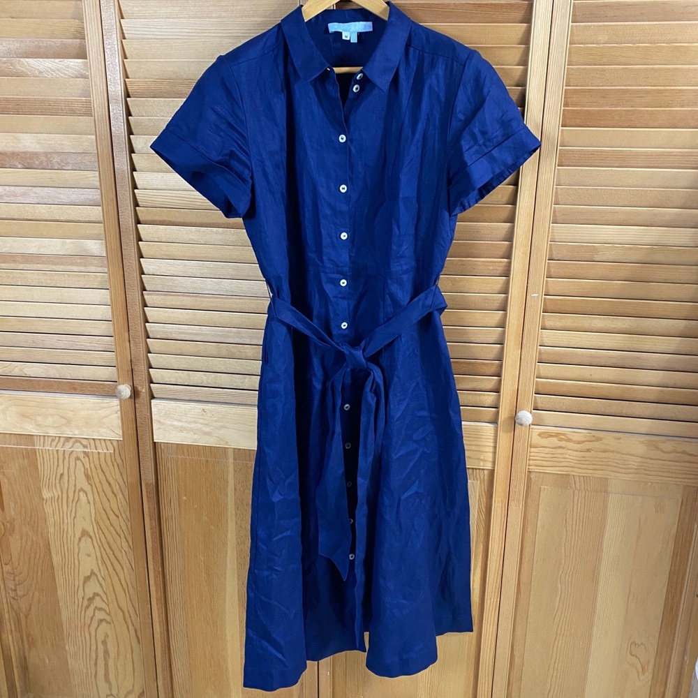 Women's Hill House The Lily Dress Short Sleeve Tie Belt Navy Blue Linen Shirt M